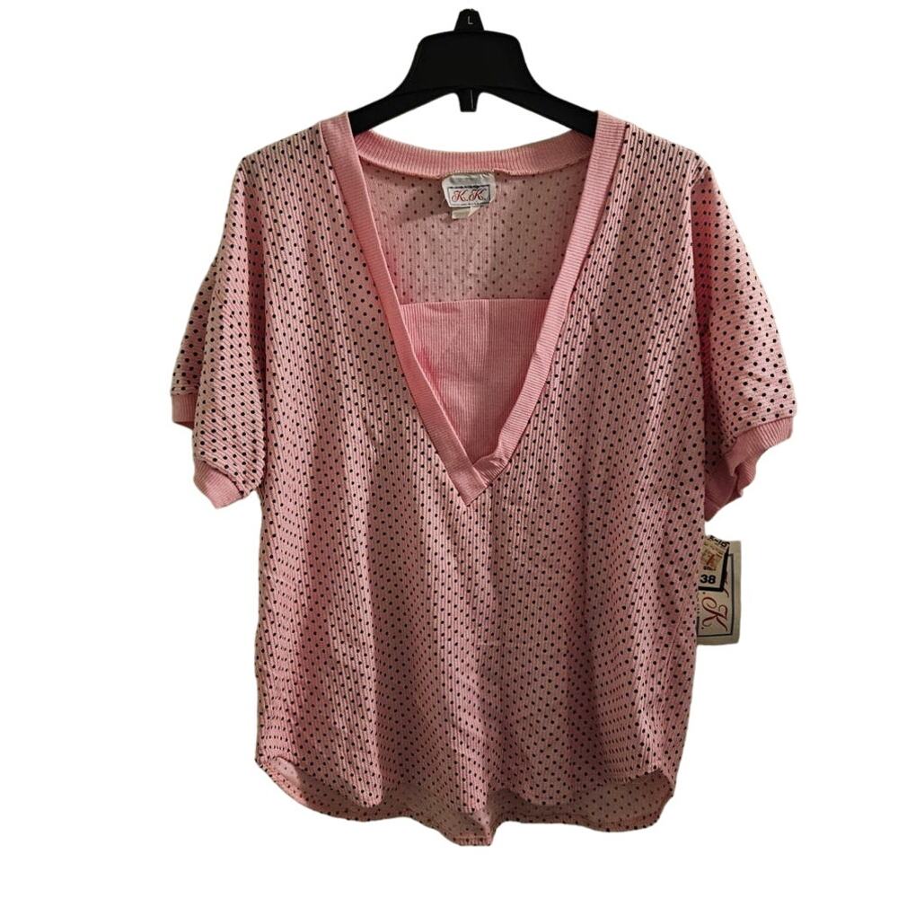VINTAGE K.K. Made in the USA 1982 Pink Polkadot V-Neck Oversized Top Size 38EU